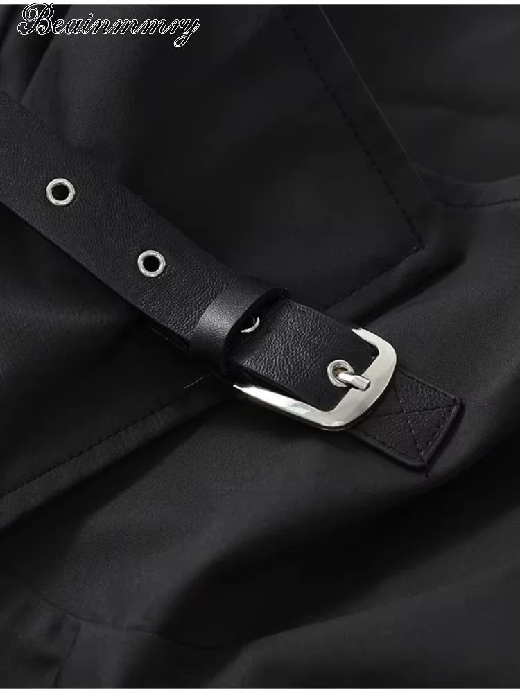 Women's Black Long Trench Coat – Stand Collar, Single-Breasted