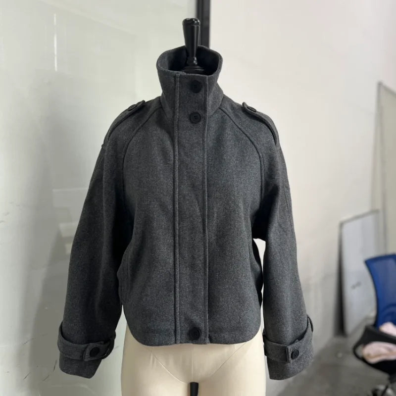 Women's Short Coat – Stand Collar, Full Sleeve, Zipper