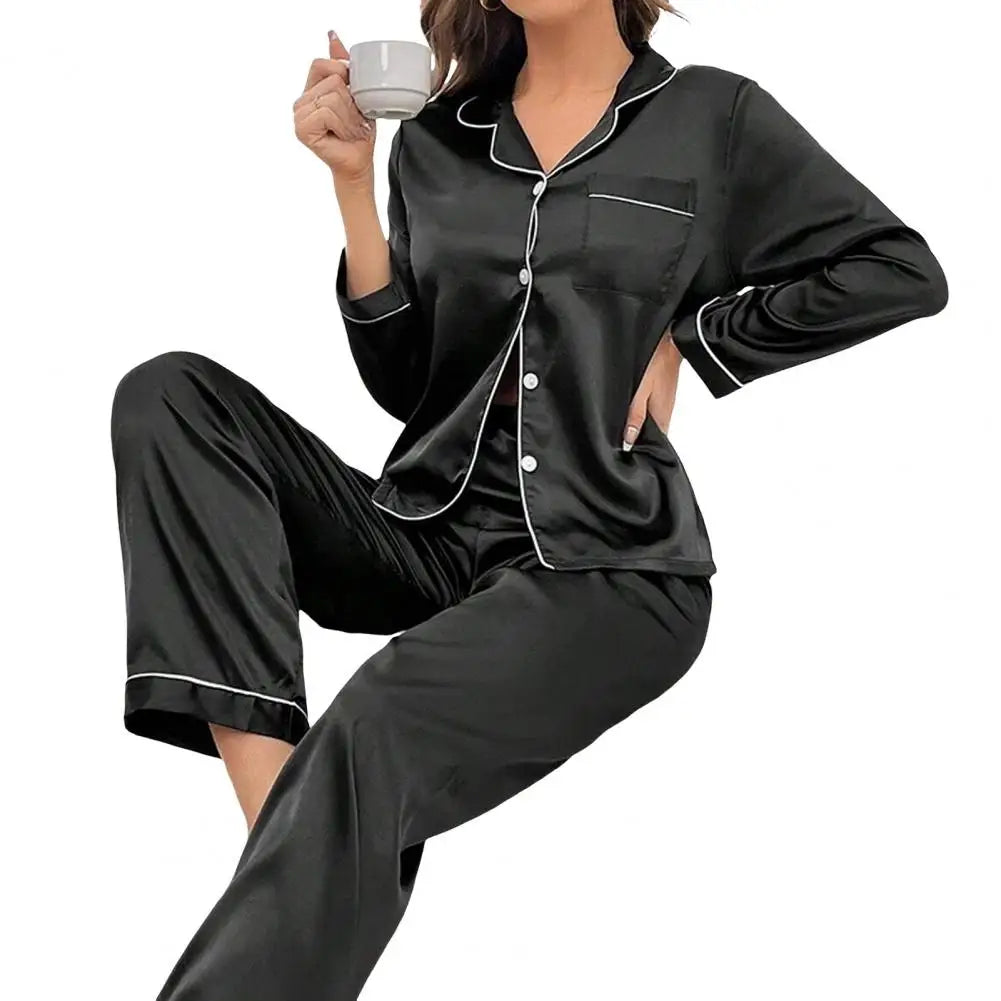 Ensemble de pyjama pour femme, haut à manches longues et pantalon à taille élastique, tenue d'intérieur, pyjama en imitation soie doux pour la peau