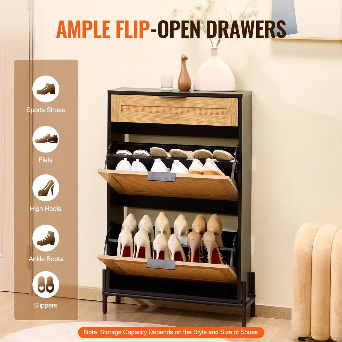Rattan 2-Flap Shoe Cabinet — Slim Entryway Organizer