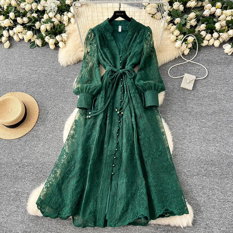Women's Lace Embroidery Dress – V-Neck, Lantern Sleeve