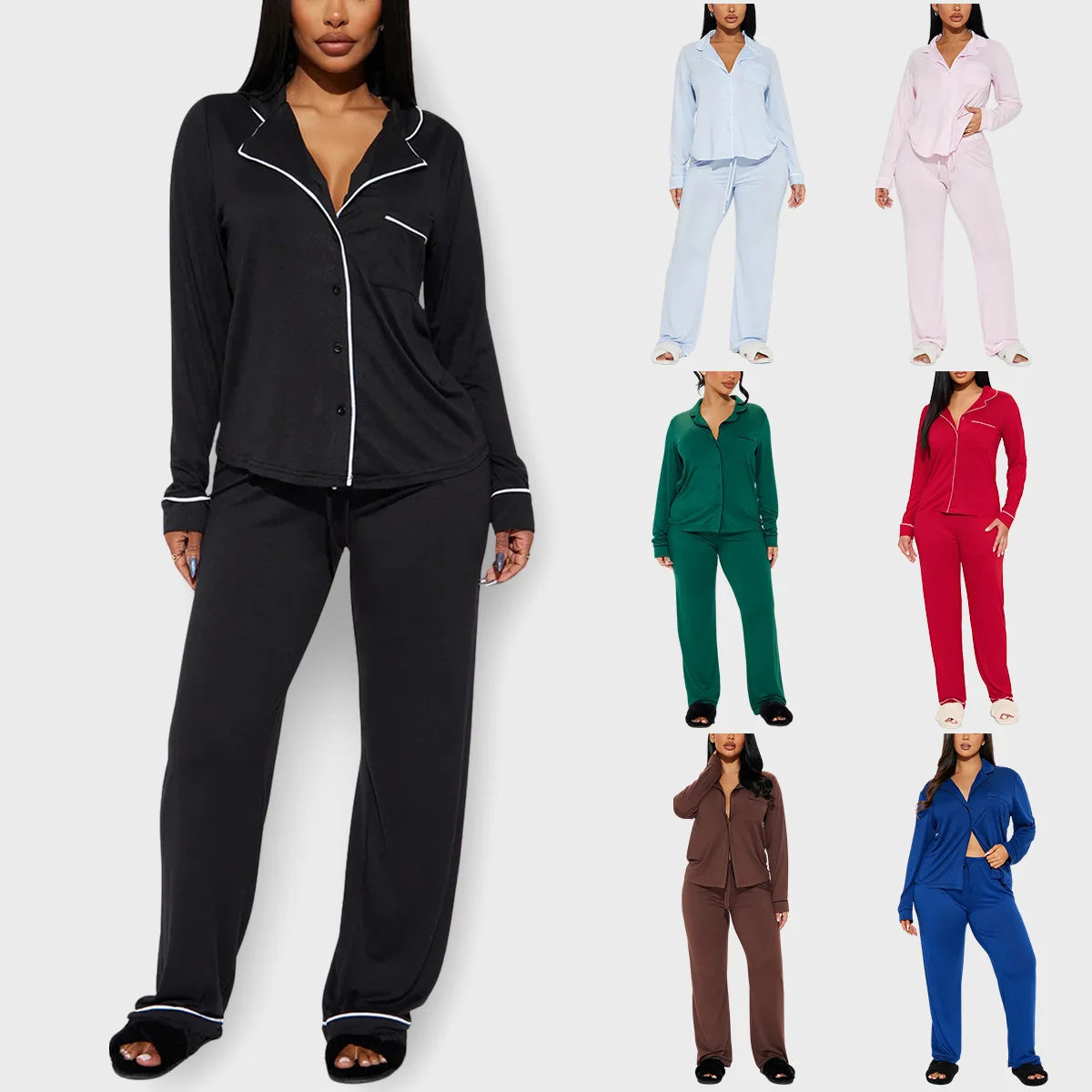 Ensemble pyjama deux pièces pour femme avec col rabattu, manches longues, pantalon large, taille élastique à lacets, style streetwear Y2k 2026