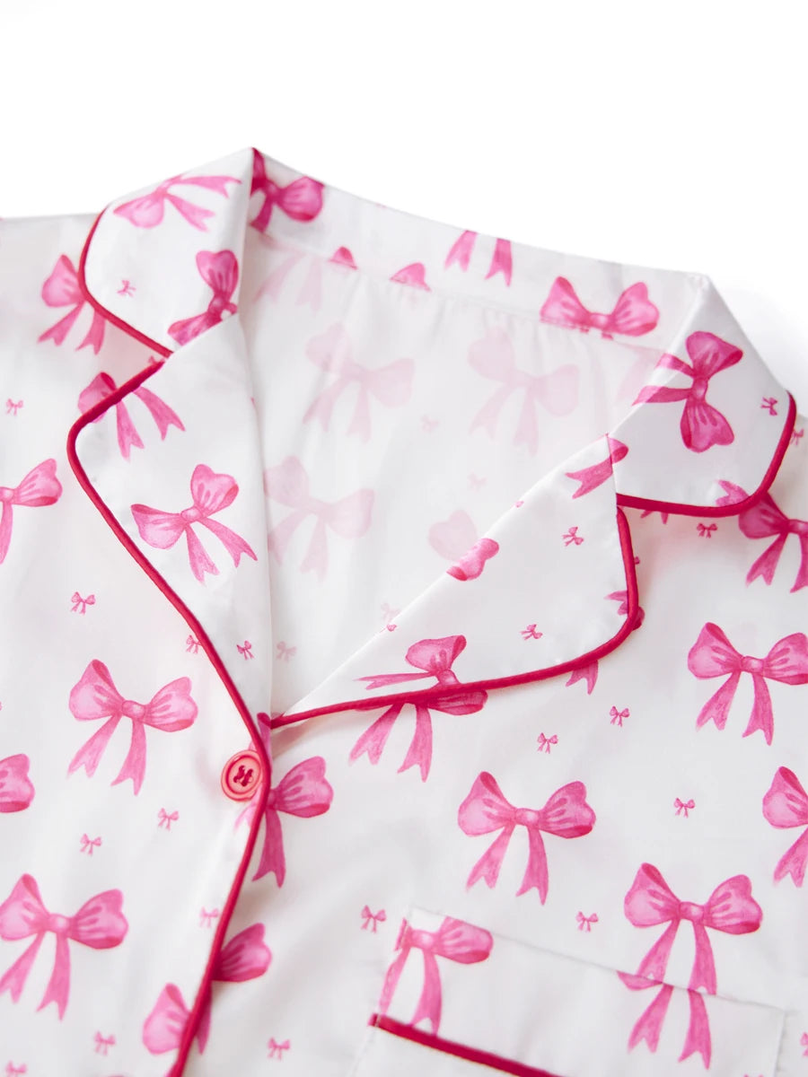 Ensemble de pyjama Y2K à nœuds pour femmes, satin de soie rose, mignon pyjama long boutonné, ensemble haut et pantalon de détente, tenue pour la Saint-Valentin