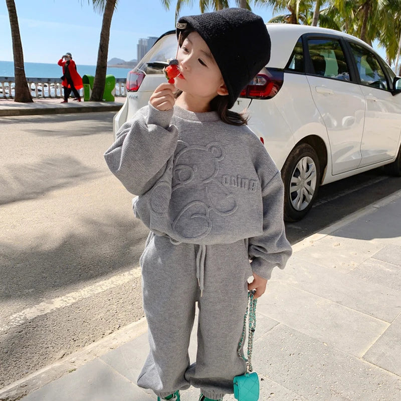 Girls' Bear Print Sweatshirt & Pants Set – Long Sleeve