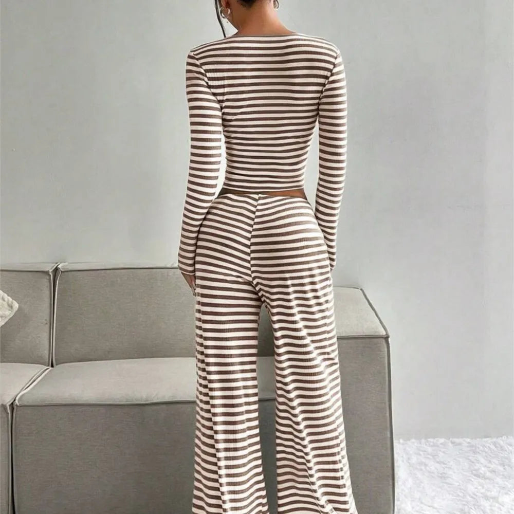Ensemble deux pièces pour femme à rayures, pantalon large taille haute, haut à manches longues, mode moulante