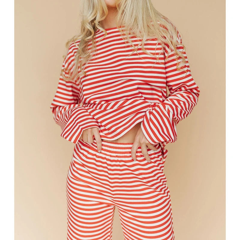 Ensemble de pyjama 2 pièces pour femme Combhasaki, composé d'un haut à manches longues rayé et d'un pantalon large, tenue de détente et de nuit