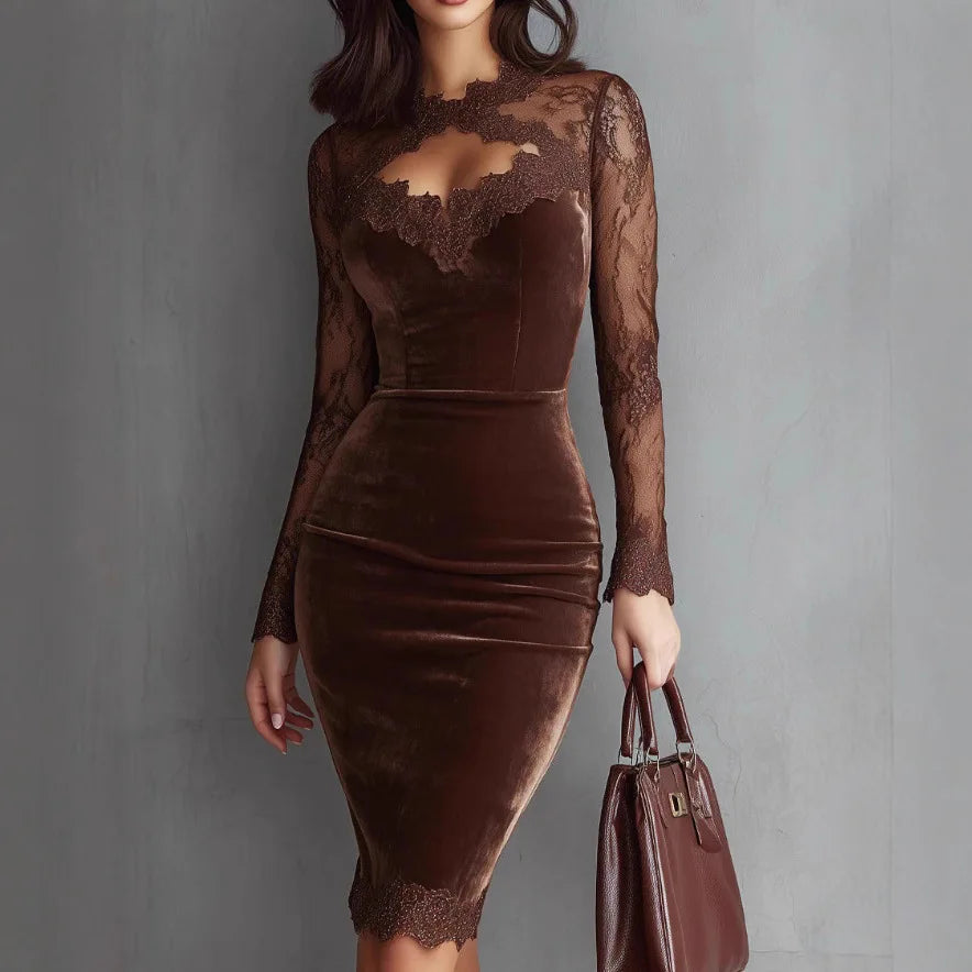 Abito midi in velluto da donna, elegante vestito a tubino con maniche lunghe in pizzo, traforato, ideale per feste, serate e occasioni formali, novità autunno-inverno