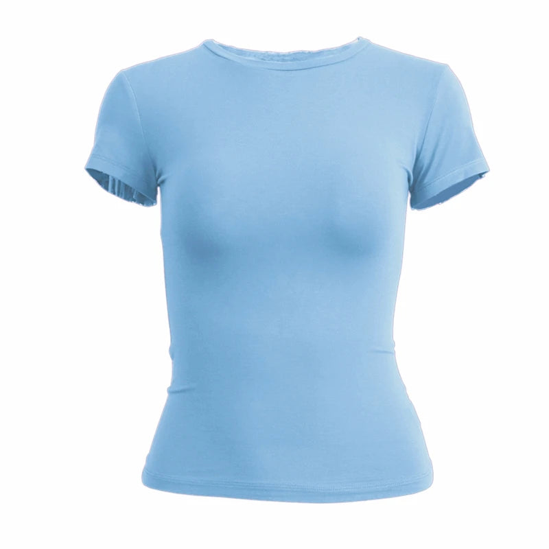 Vêtements féminins, t-shirt à manches courtes, hauts moulants, femme, col rond, t-shirt gainant en tricot, tenue de ville sexy et sportive, 2024 Y2K New2410