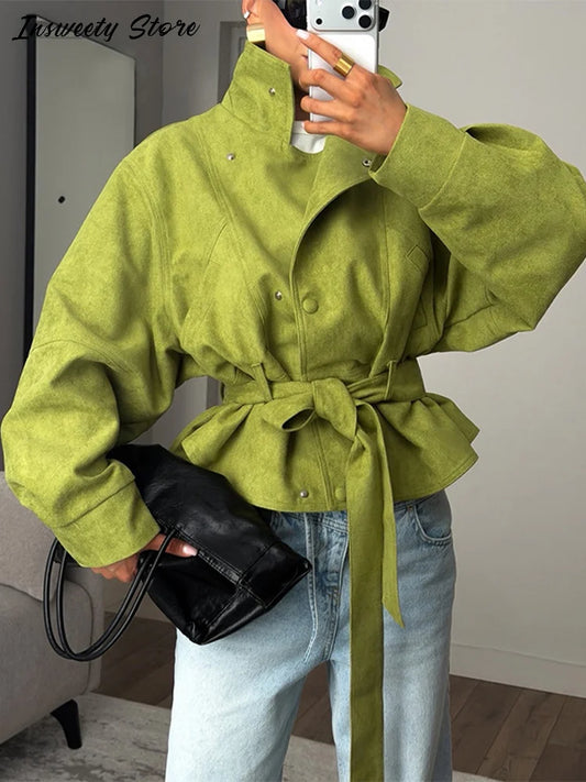 Women's Green Cropped Trench Coat – Stand Collar, Belted