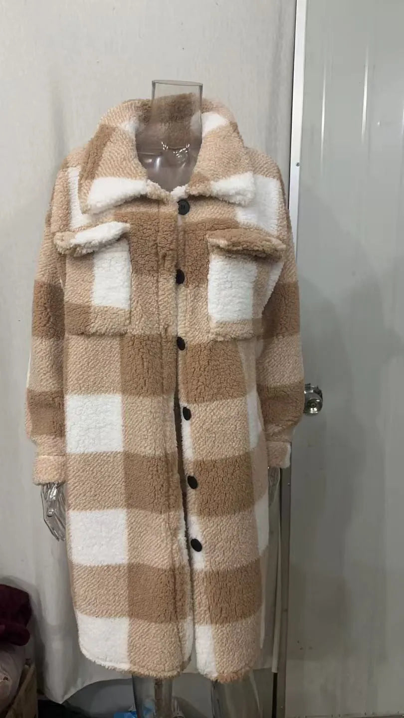 Women's Plaid Fleece Coat – Turn-Down Collar, Button Front