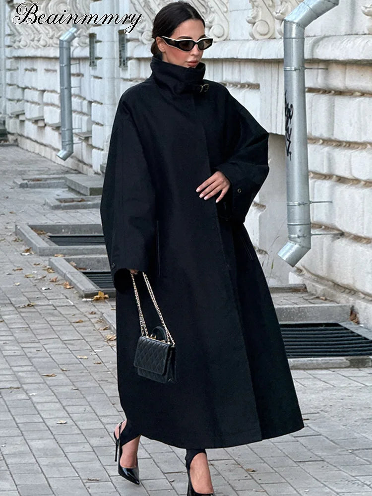 Women's Black Long Trench Coat – Stand Collar, Single-Breasted