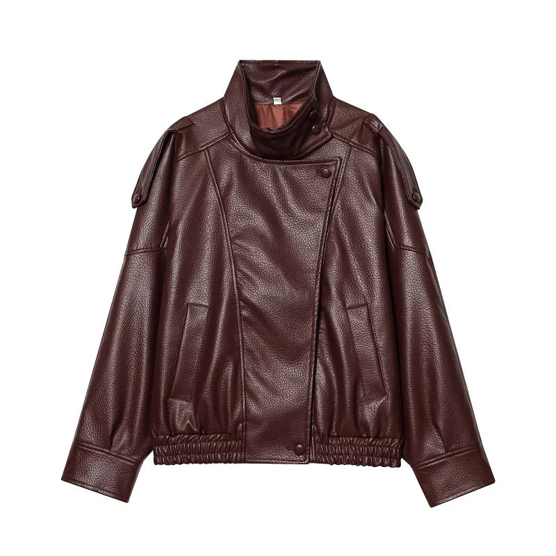 Women's Faux Leather Bomber Jacket – Zipper, Turn-Down Collar