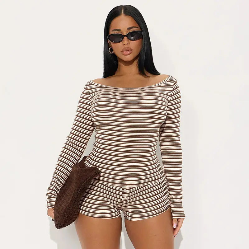 Elegante bruine gestreepte damesshort met pak, casual T-shirt met lange mouwen, slim-fit, short met hoge taille, nieuwe sexy 2-delige set voor het voorjaar