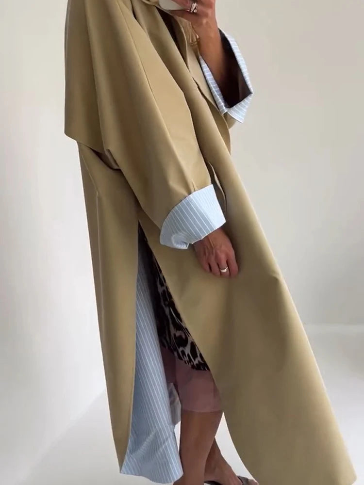 Women's Color-Block Long Trench Coat – Turn-Down Collar, Single-Breasted