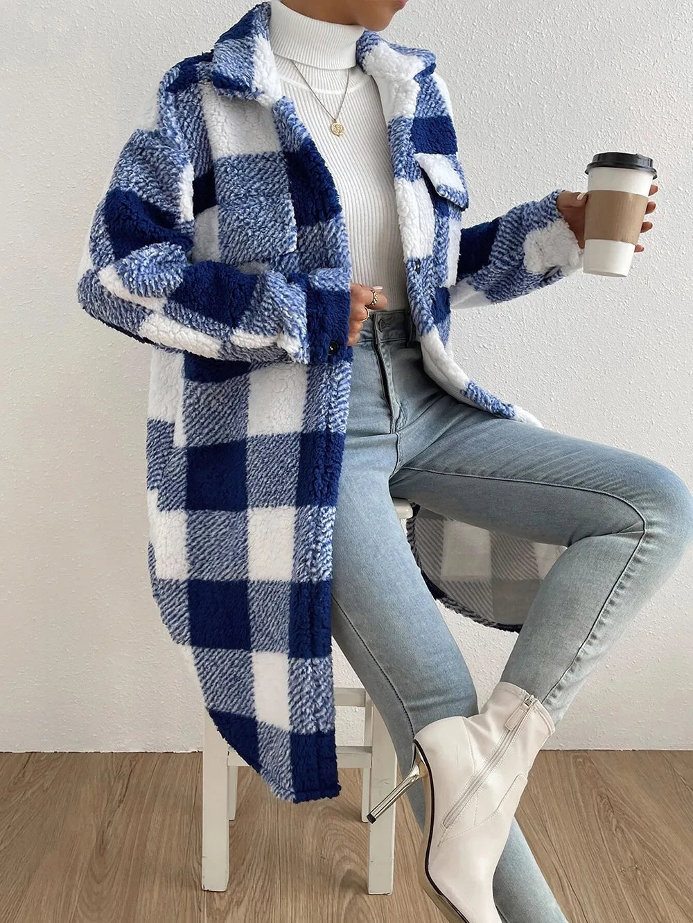 Women's Plaid Fleece Coat – Turn-Down Collar, Button Front