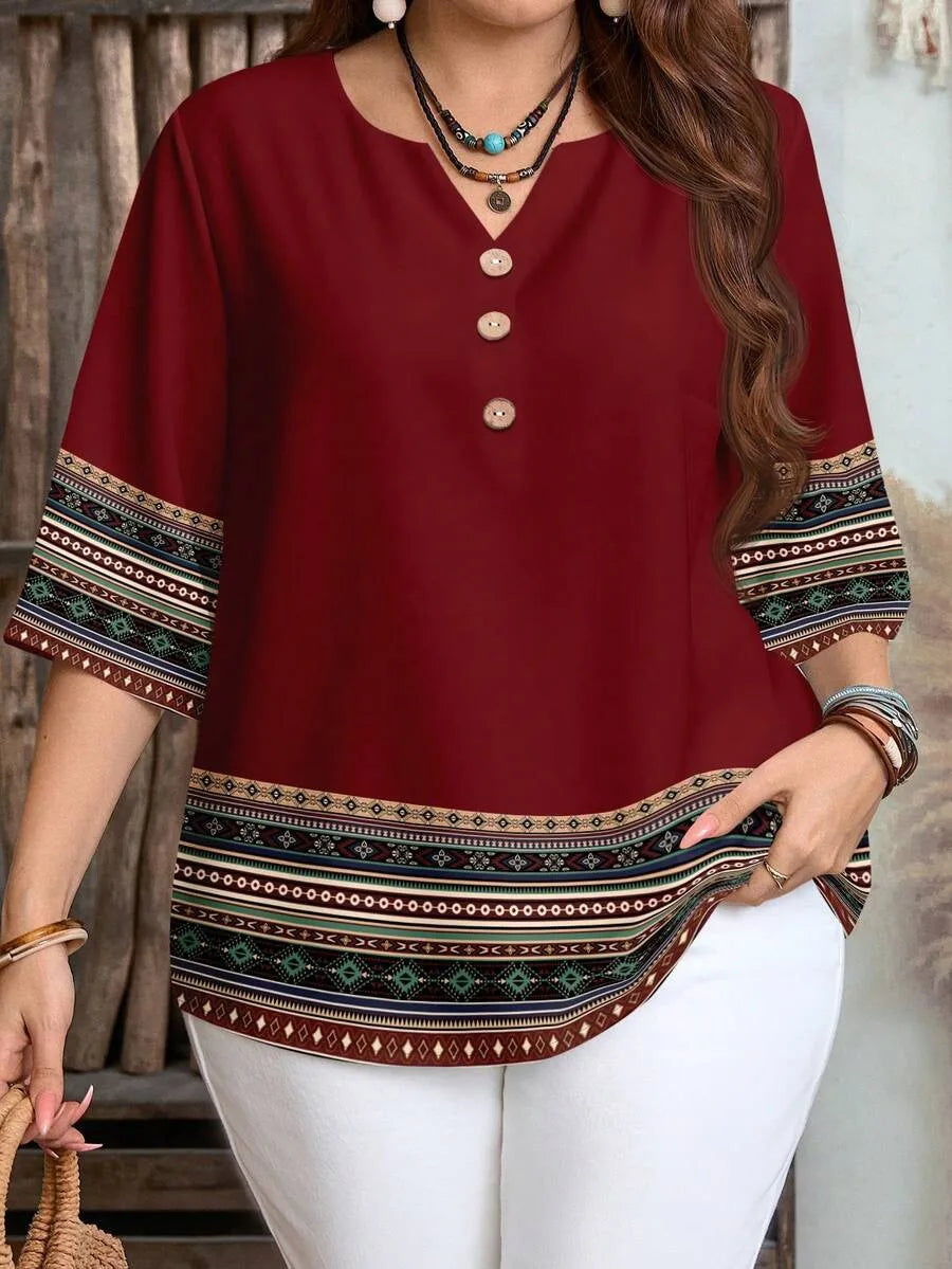Women's Plus Size Retro Print Shirt – Short Sleeve, Button
