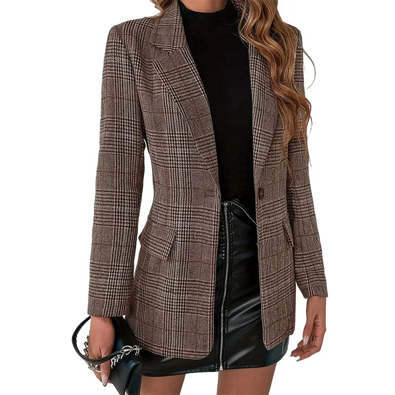 Veste blazer vintage à carreaux, boutonnée, col à revers, manches longues, poches, coupe ajustée, style bureau, tenue de travail, chaude, manteau quotidien.