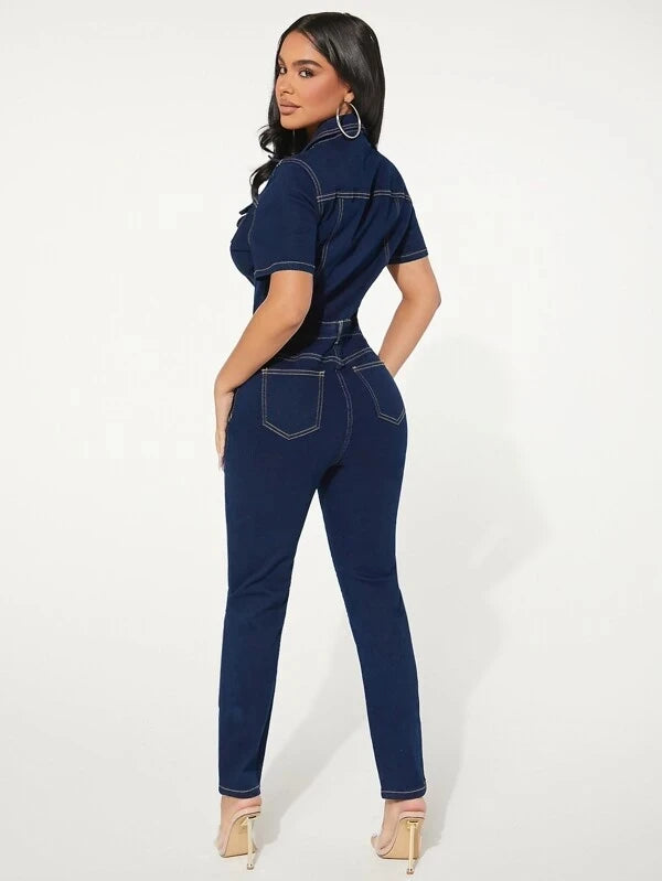 Tuta jumpsuit sexy elasticizzata in jeans da donna, con colletto a revers, elegante tuta intera in denim casual per feste