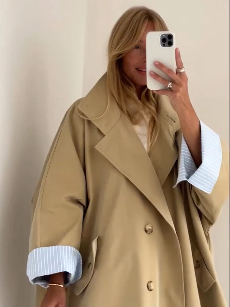 Women's Color-Block Long Trench Coat – Turn-Down Collar, Single-Breasted