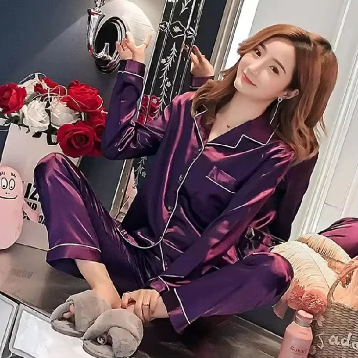 Ensemble de pyjama pour femme, haut à manches longues et pantalon à taille élastique, tenue d'intérieur, pyjama en imitation soie doux pour la peau