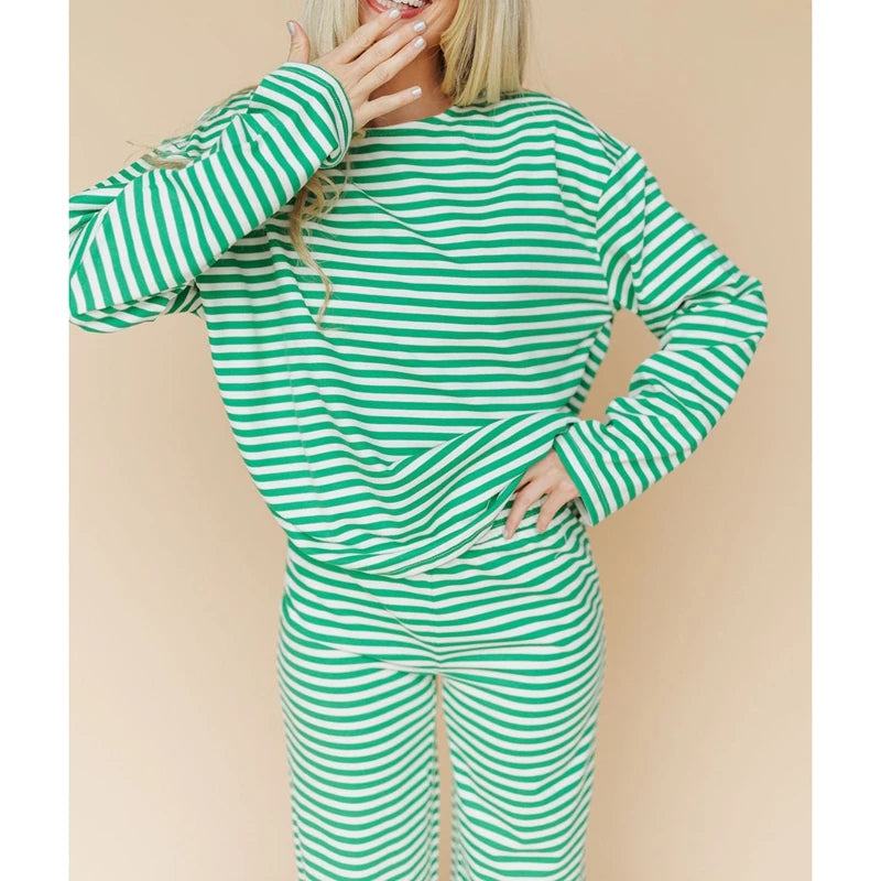 Ensemble de pyjama 2 pièces pour femme Combhasaki, composé d'un haut à manches longues rayé et d'un pantalon large, tenue de détente et de nuit