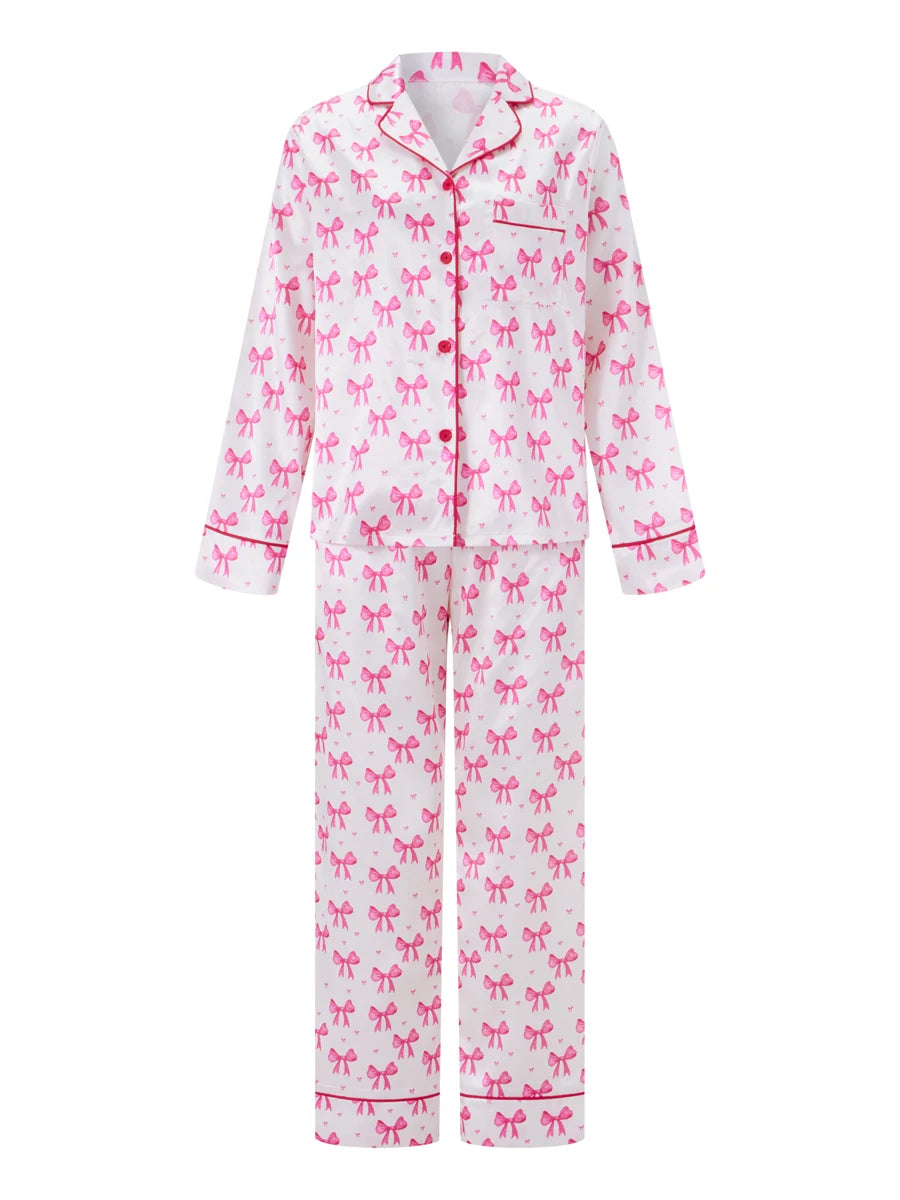 Ensemble de pyjama Y2K à nœuds pour femmes, satin de soie rose, mignon pyjama long boutonné, ensemble haut et pantalon de détente, tenue pour la Saint-Valentin