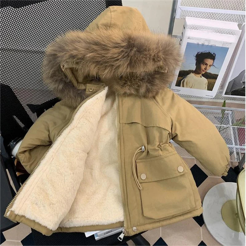 Girls' Velvet Winter Parka – Thickened, Cotton-Padded
