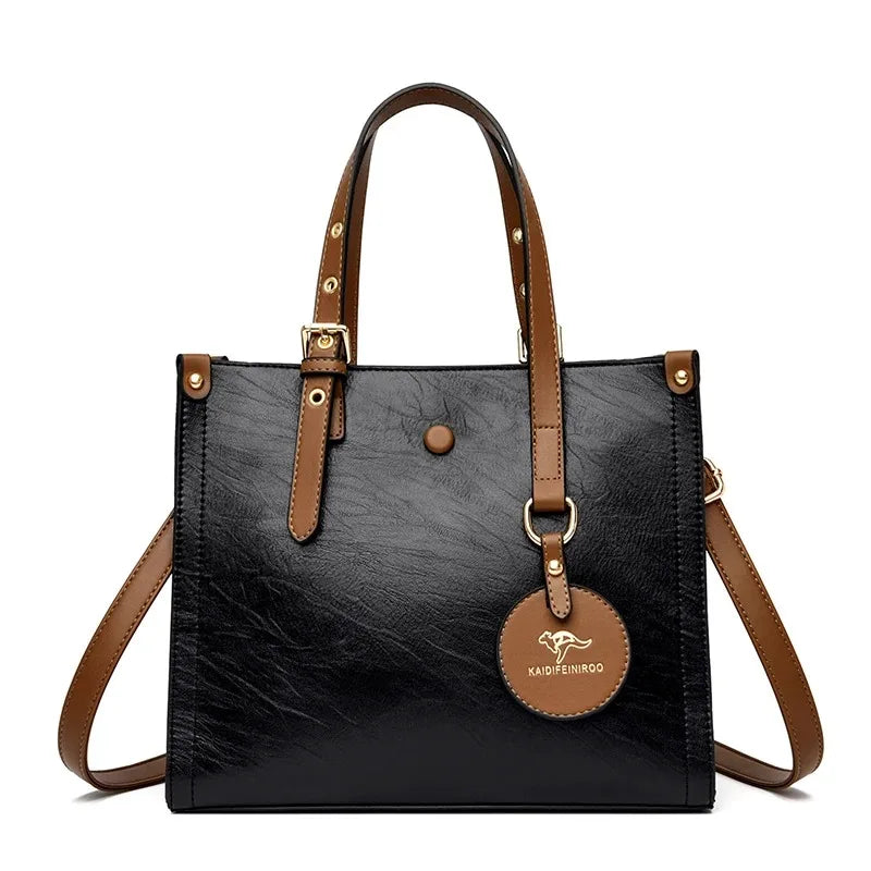 Women's Split Leather 3-Layer Tote Shoulder Crossbody Handbag