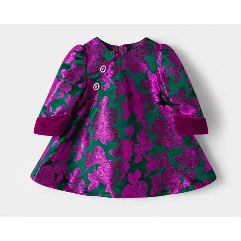 Girls' Embroidered Tang Suit Princess Dress – Velvet Sleeves