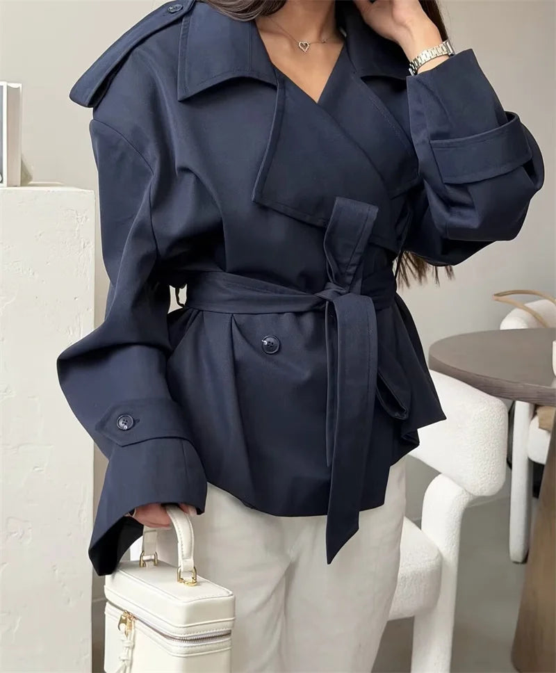 Women's Belted Short Trench Coat – Long Sleeve