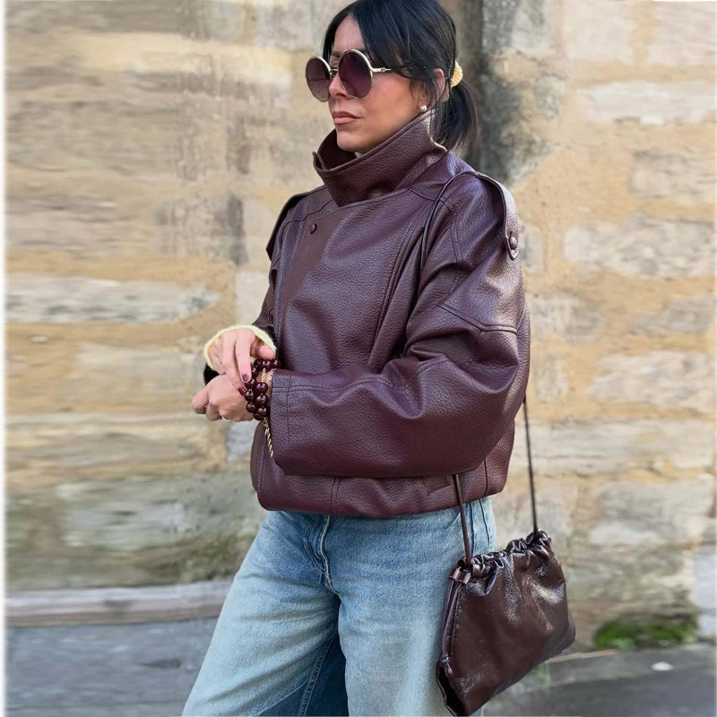 Women's Faux Leather Bomber Jacket – Zipper, Turn-Down Collar