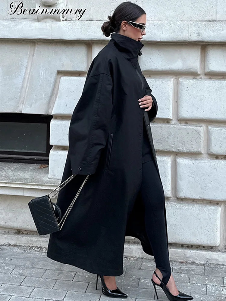 Women's Black Long Trench Coat – Stand Collar, Single-Breasted