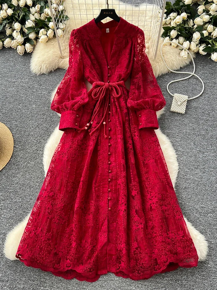 Women's Lace Embroidery Dress – V-Neck, Lantern Sleeve