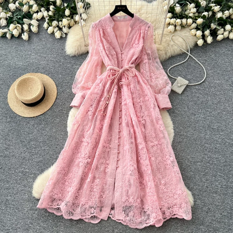 Women's Lace Embroidery Dress – V-Neck, Lantern Sleeve