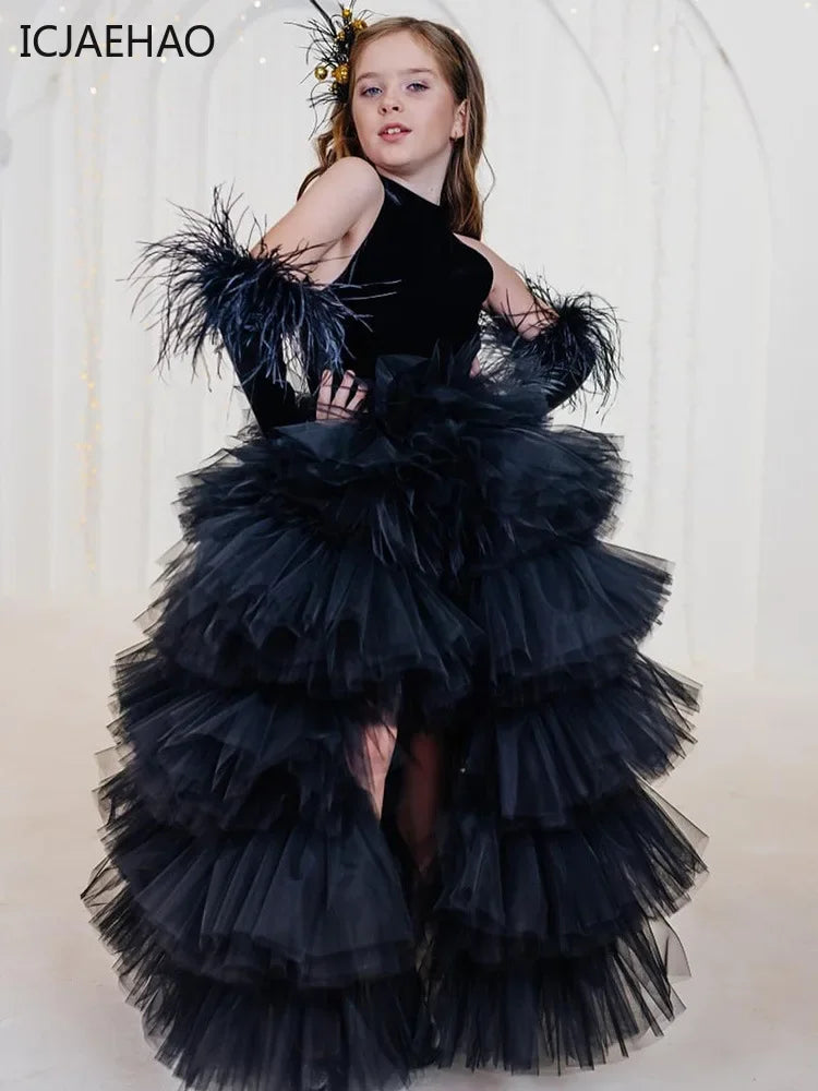 Schwarzes Tüll-Prinzessinnenkleid mit Neckholder für Mädchen – mehrlagig