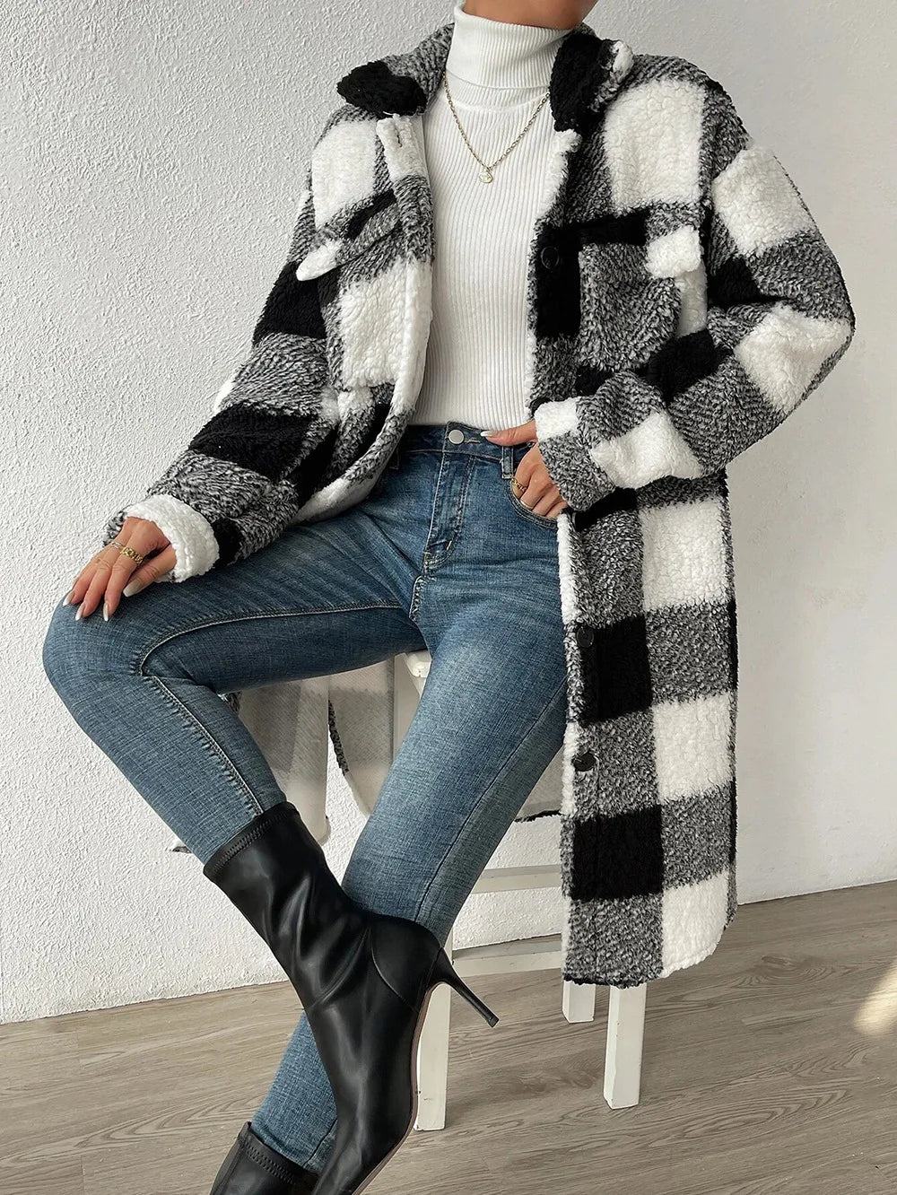 Women's Plaid Fleece Coat – Turn-Down Collar, Button Front