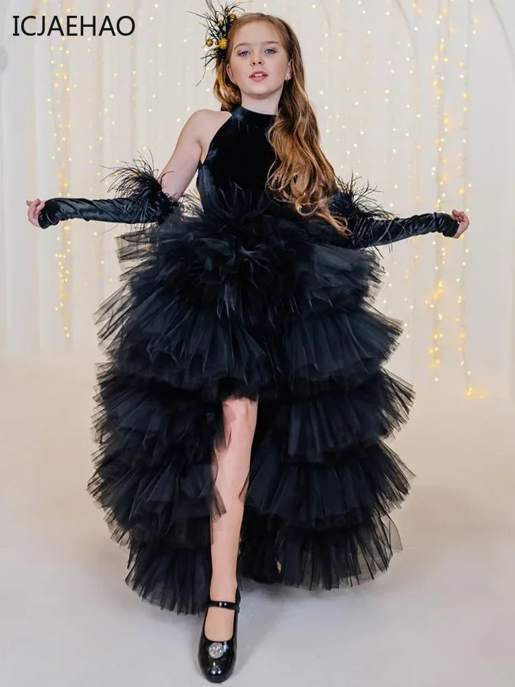 Schwarzes Tüll-Prinzessinnenkleid mit Neckholder für Mädchen – mehrlagig