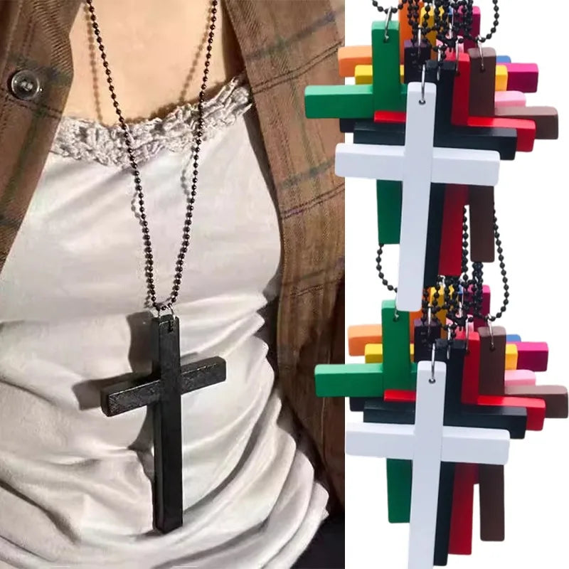 Y2K Wooden Cross Pendant Necklace