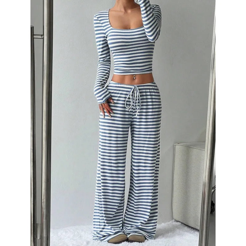 Ensemble deux pièces pour femme à rayures, pantalon large taille haute, haut à manches longues, mode moulante