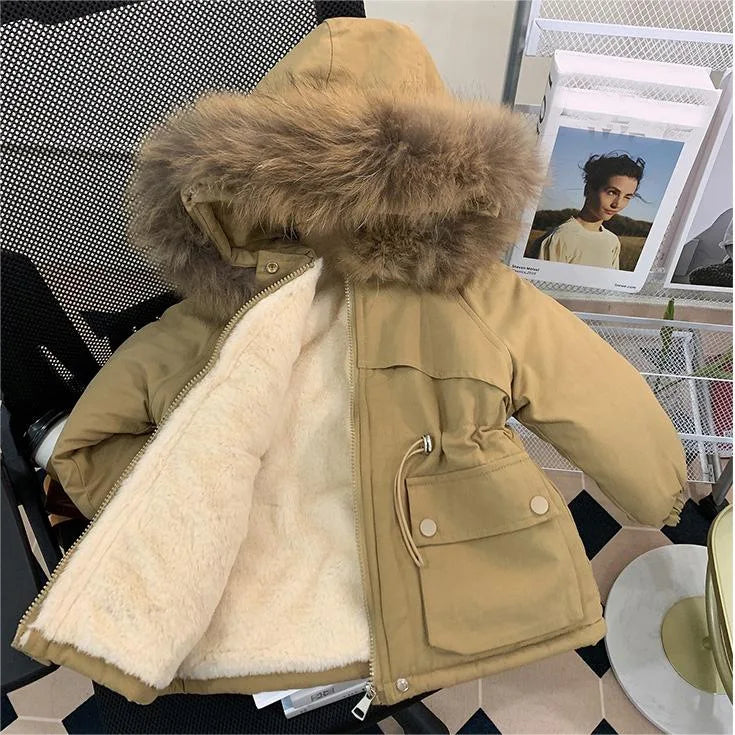 Girls' Velvet Winter Parka – Thickened, Cotton-Padded