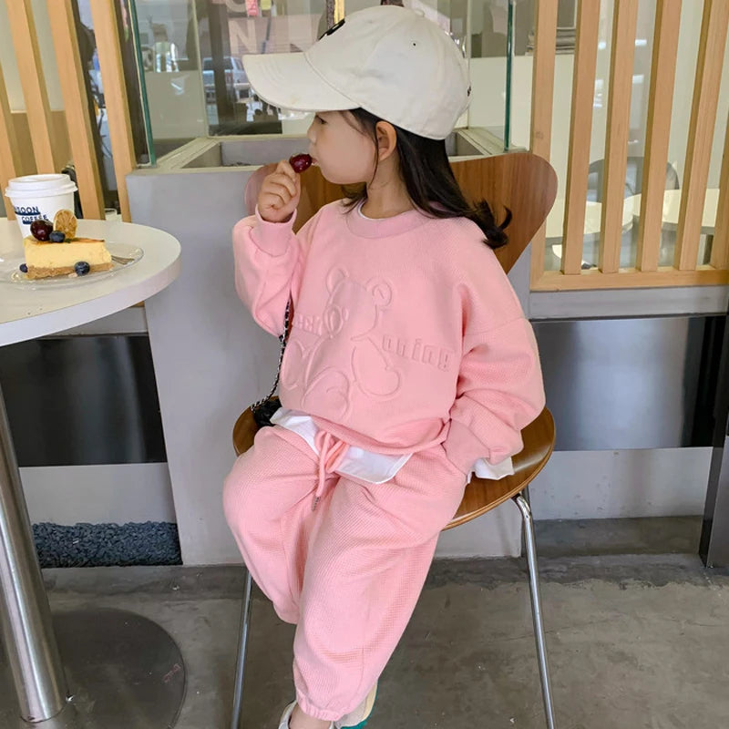 Girls' Bear Print Sweatshirt & Pants Set – Long Sleeve