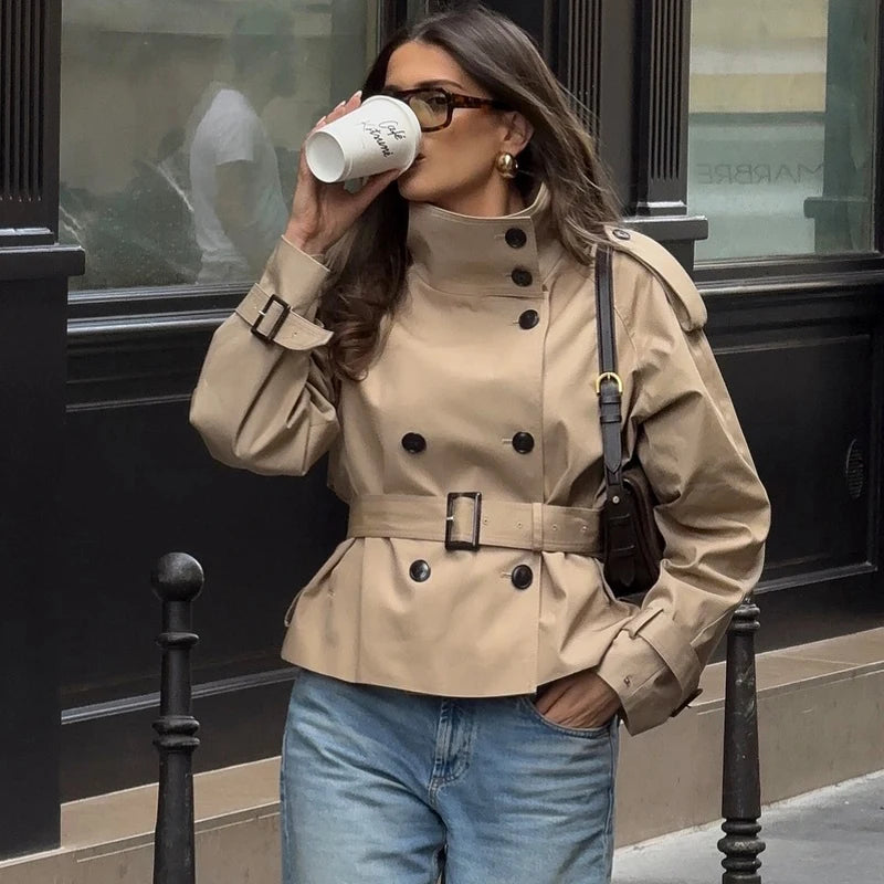 Women's Khaki Short Trench Coat – Stand Collar, Double-Breasted