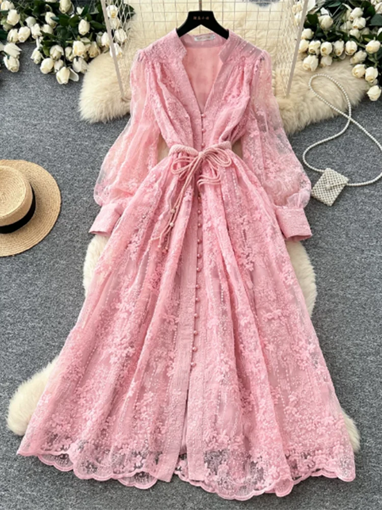 Women's Lace Embroidery Dress – V-Neck, Lantern Sleeve