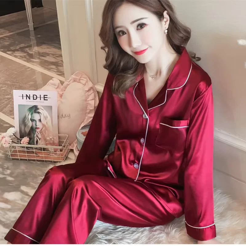 Ensemble de pyjama pour femme, haut à manches longues et pantalon à taille élastique, tenue d'intérieur, pyjama en imitation soie doux pour la peau