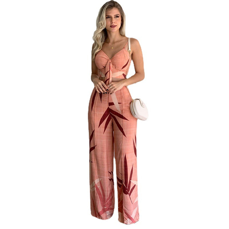 Printed V-Neck Vest and Wide-Leg Pants Set