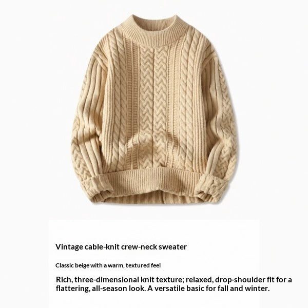 Herren-Vintage-Pullover mit Zopfmuster und Rundhalsausschnitt