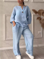 Women's Cotton-Linen Two-Piece Set, Loose Top and Wide Leg Pants