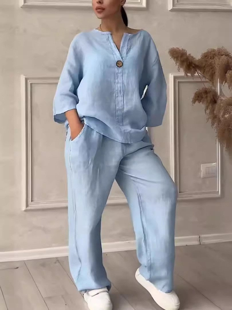 Women's Cotton-Linen Two-Piece Set, Loose Top and Wide Leg Pants