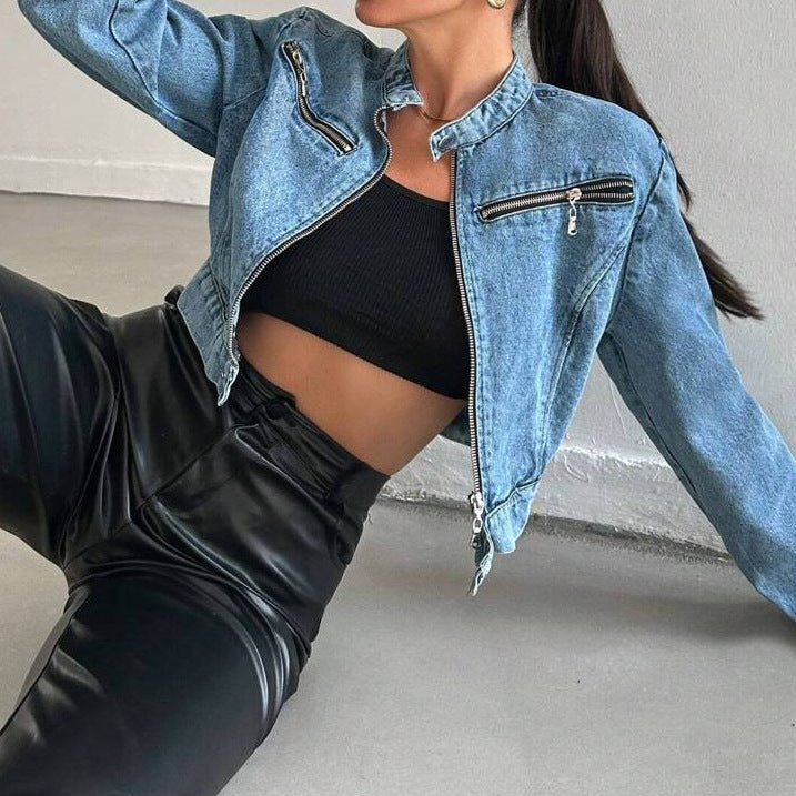 Women's Cropped Denim Moto Jacket