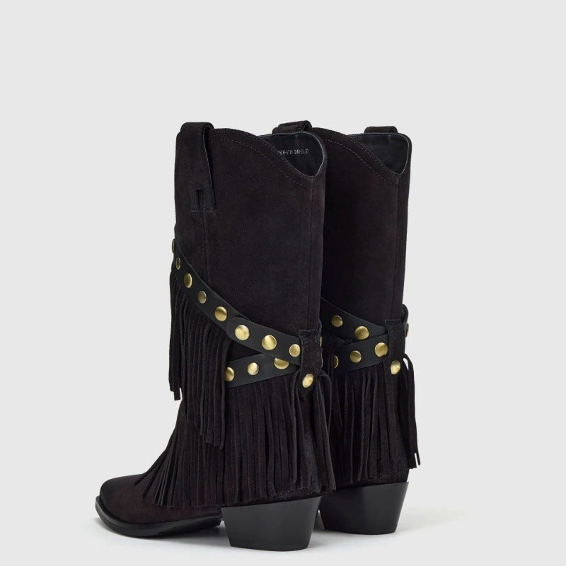 Botas de Camurça de Cano Médio para Mulher, Salto Largo